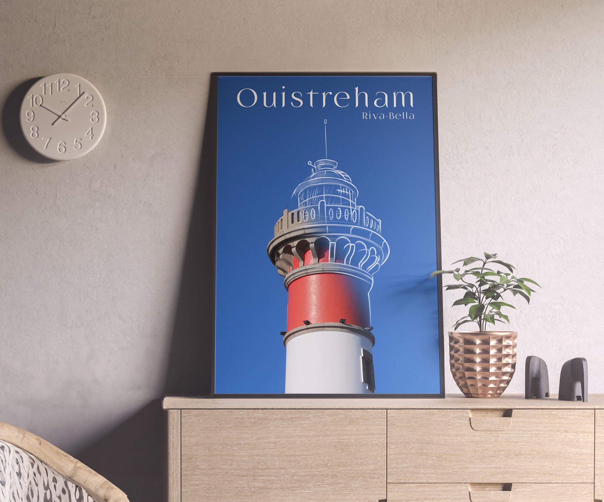 Montage photo du phare de Ouistreham dont une partie du phare est dessinée