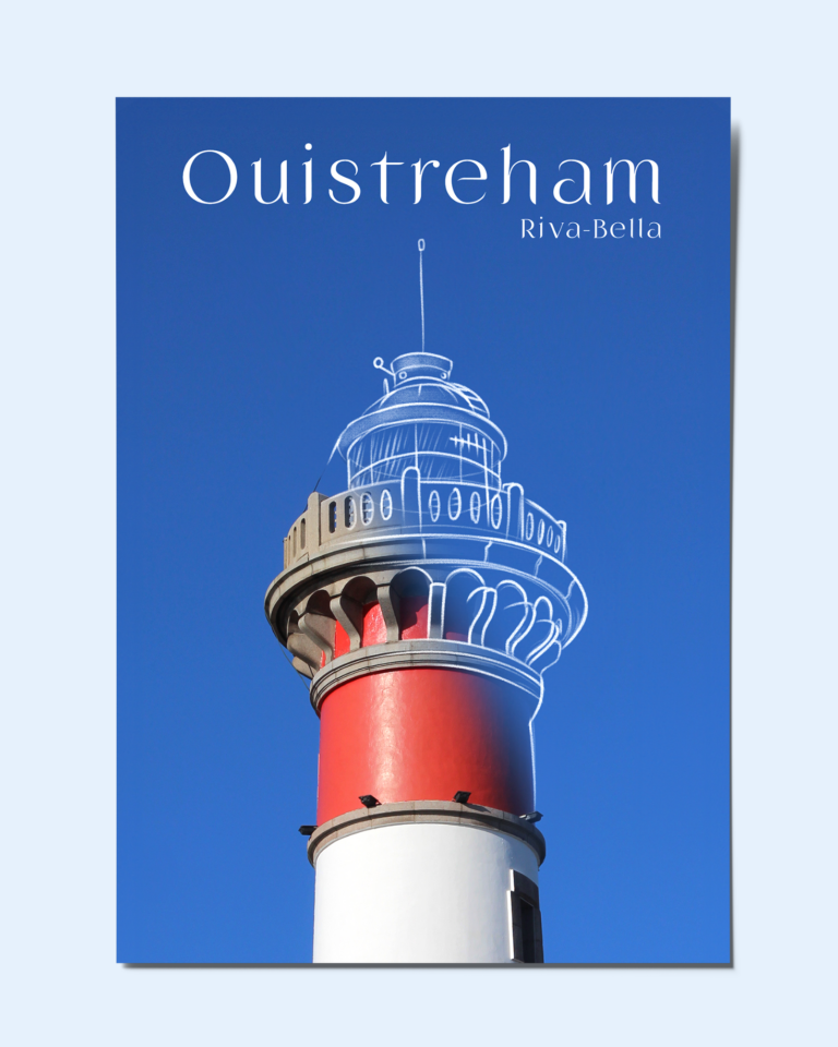 Montage photo du phare de Ouistreham dont une partie du phare est dessinée