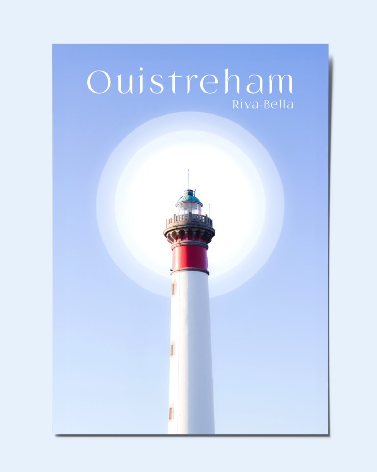 Montage photo du phare de Ouistreham devant un halo de lumière dans les couleurs de l'hiver